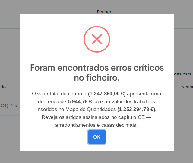 Validação do mapa de quantidades deteta erros antes da importação
